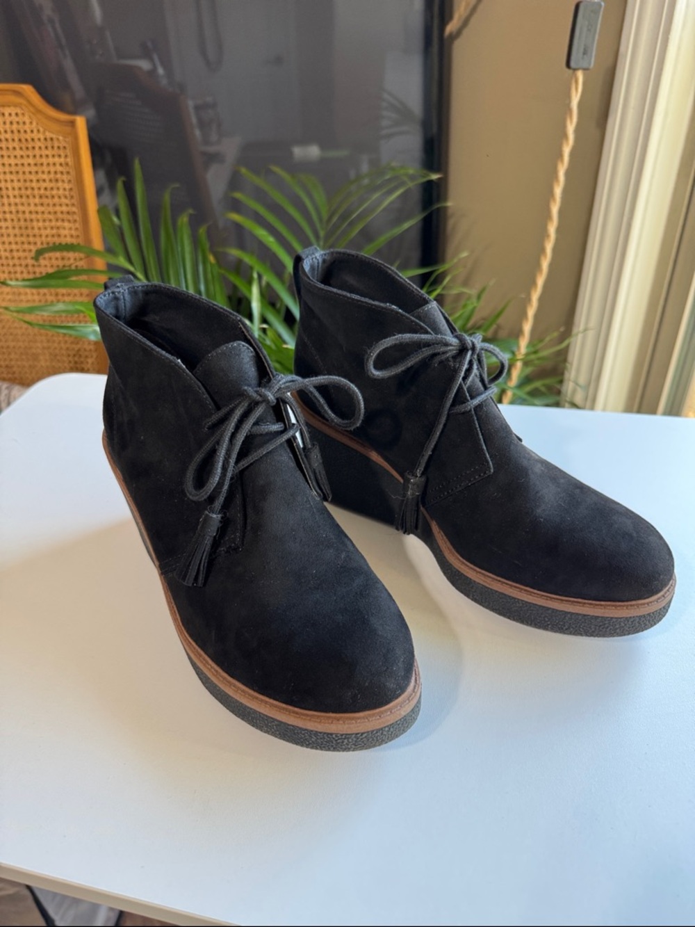 Dr. Scholl's AURORA Black Suede Tassel Lace-Up Ankle Wedge Booties